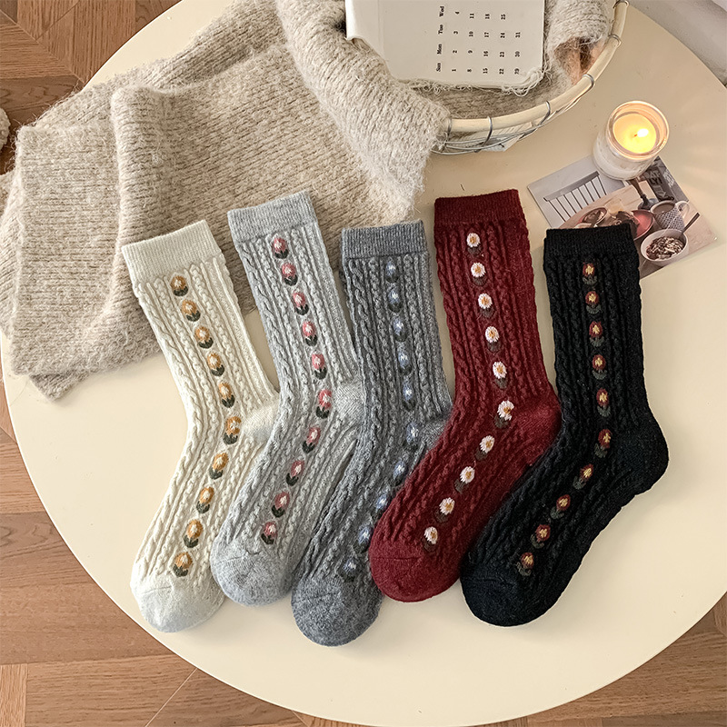 Boot Sock Slouchy - Koreanische süße florale Wollsocken mit mittlerer