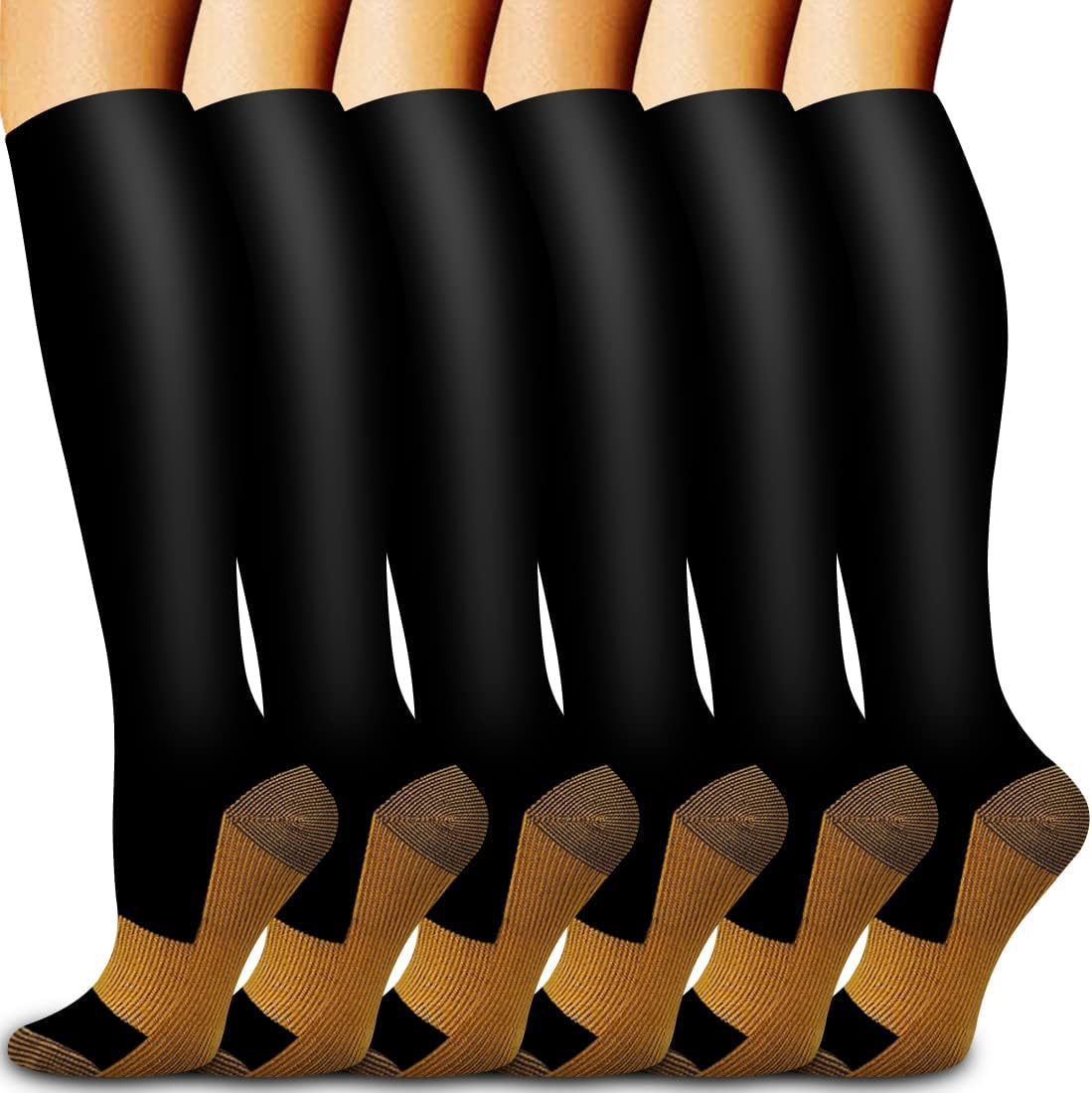 Compression Sock Medical - 6 Paar einfarbige Kupfer-Kompressionssocken, Krankenschwester-Kompressionssocken, schwarze